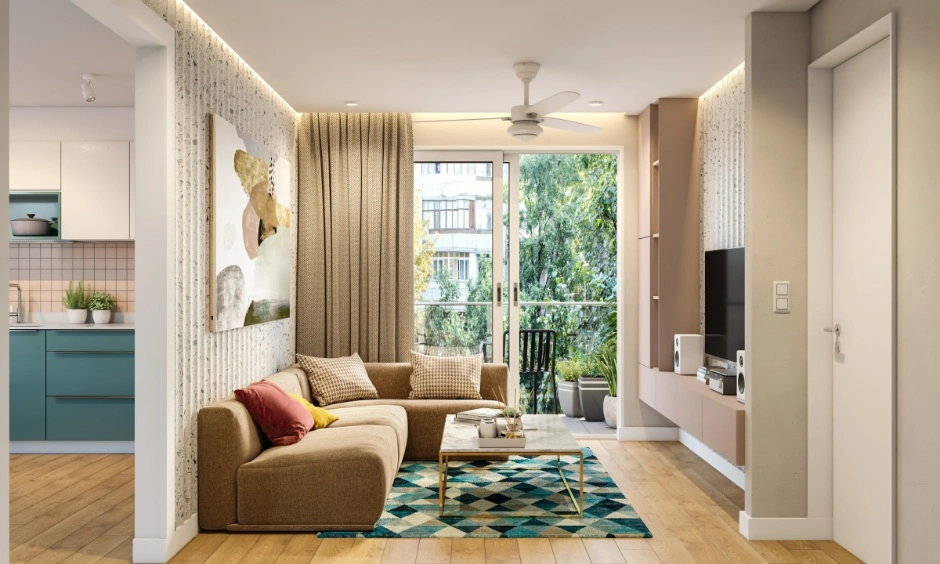 Compact living room with sofa, TV unit and centre table arranged for efficient space planning