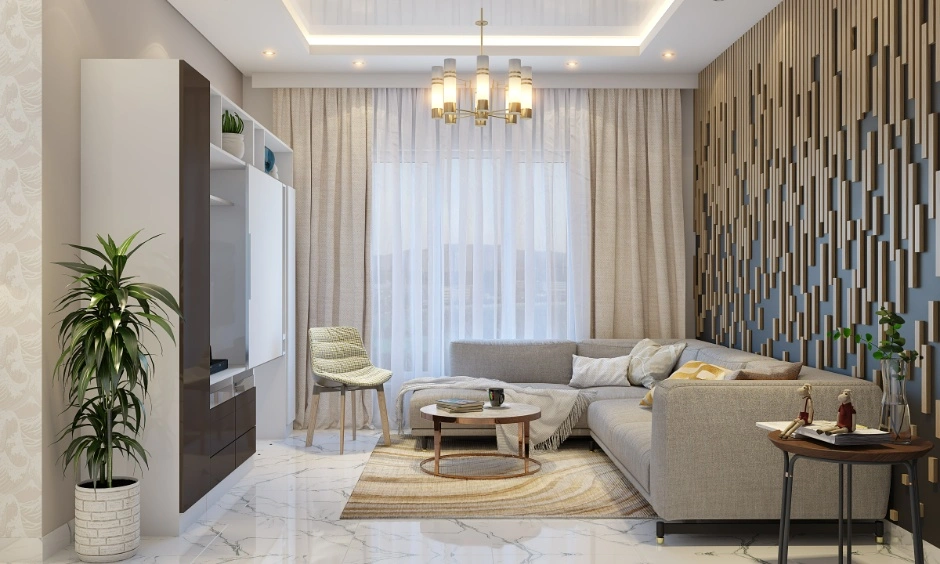 Modern false ceiling with cove lighting and chandelier enhances the living room layout.