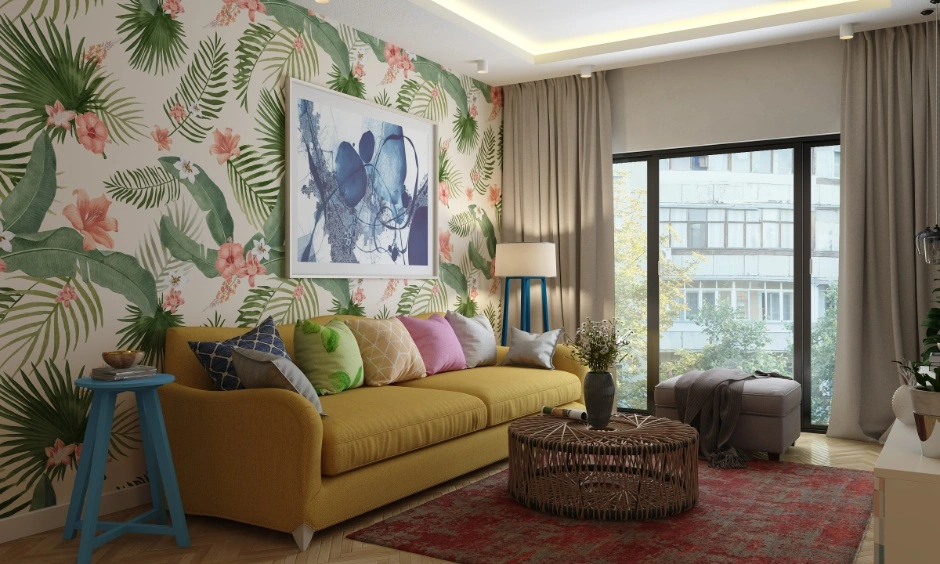 Finished living room showcasing coordinated lighting, wallpaper, furniture and décor.