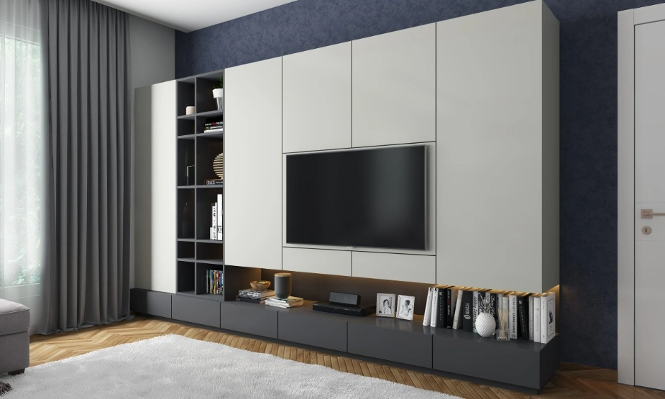 Custom TV unit with storage and display shelves maximises organisation and style
