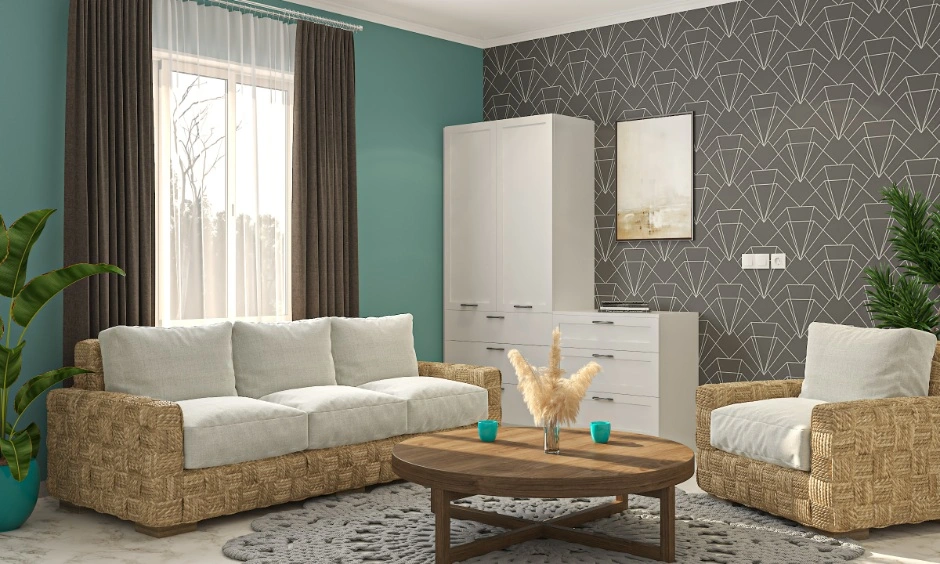 Coordinated living room with matching furniture, curtains and wall finishes for a cohesive design.