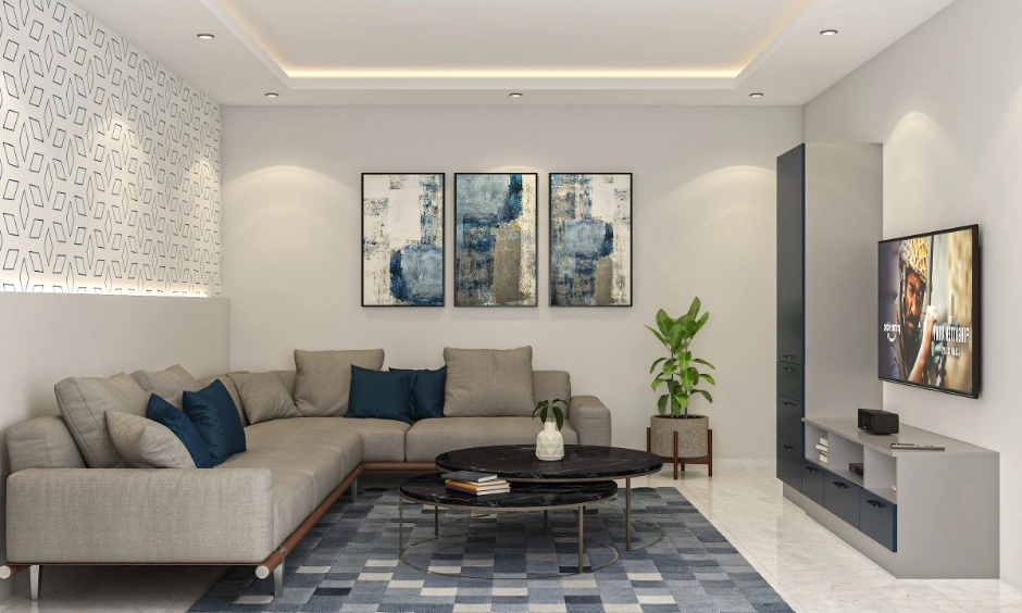 Contemporary living room with sofa, TV unit and ceiling lighting designed for practical comfort.
