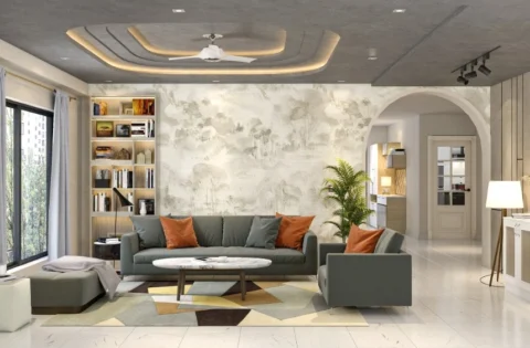 Tiered gypsum false ceiling frames the ceiling fan with a clean and uncluttered design