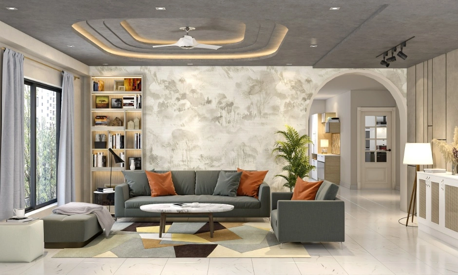Tiered gypsum false ceiling frames the ceiling fan with a clean and uncluttered design