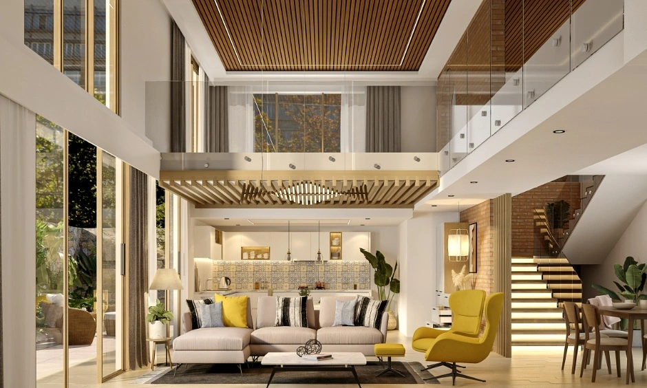 Timber slats add warmth and texture to this double-height false ceiling design