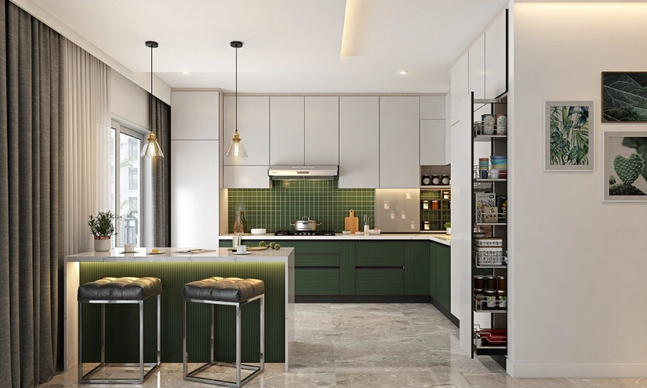 Modular kitchen with full-height cabinetry, pantry storage and an island designed for Ahmedabad homes.