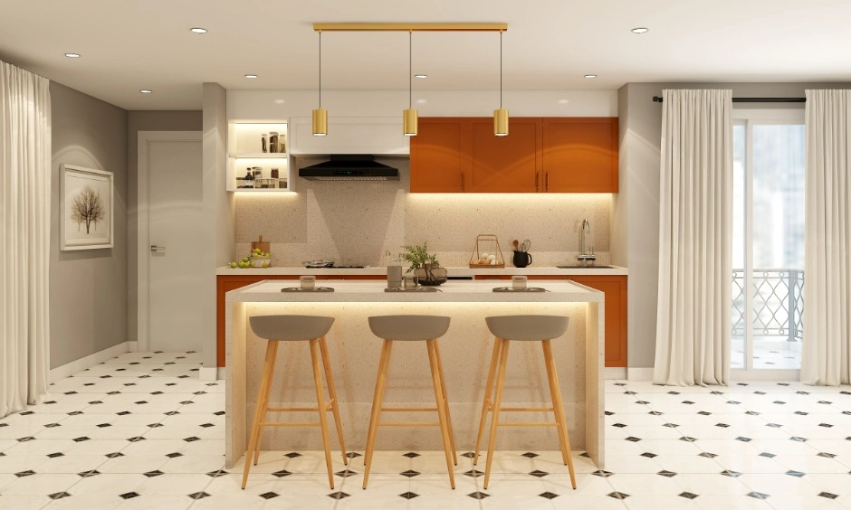 Trendy kitchen design with terracotta cabinetry, quartz island and warm neutral finishes for Ahmedabad homes.