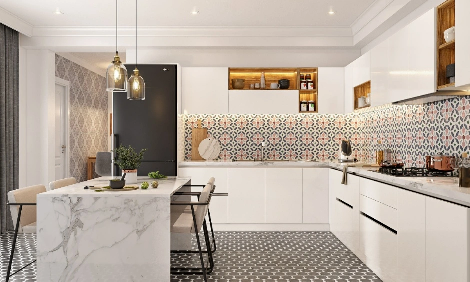 Premium modular kitchen in Ahmedabad with a marble island, integrated dining and patterned backsplash.
