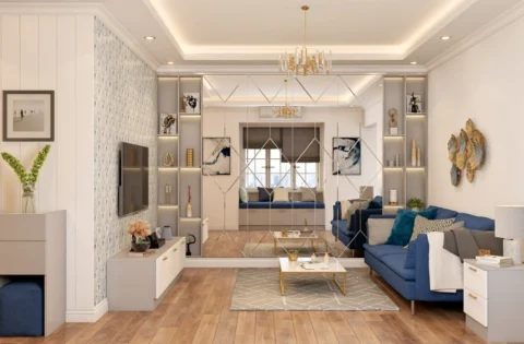 A layered false ceiling combines ambient cove lighting with decorative ceiling details.