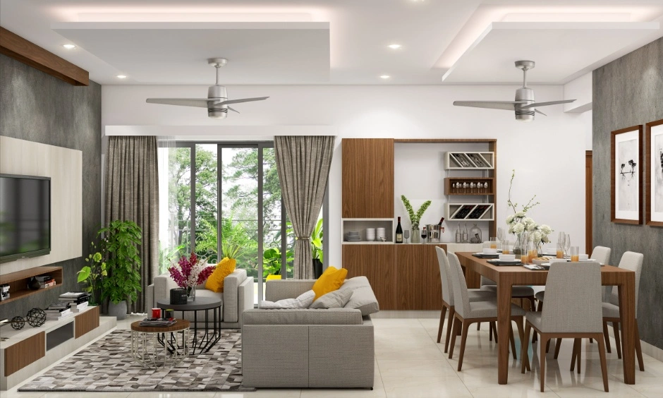 Rectangular ceiling panels visually separate the living and dining areas without adding walls.