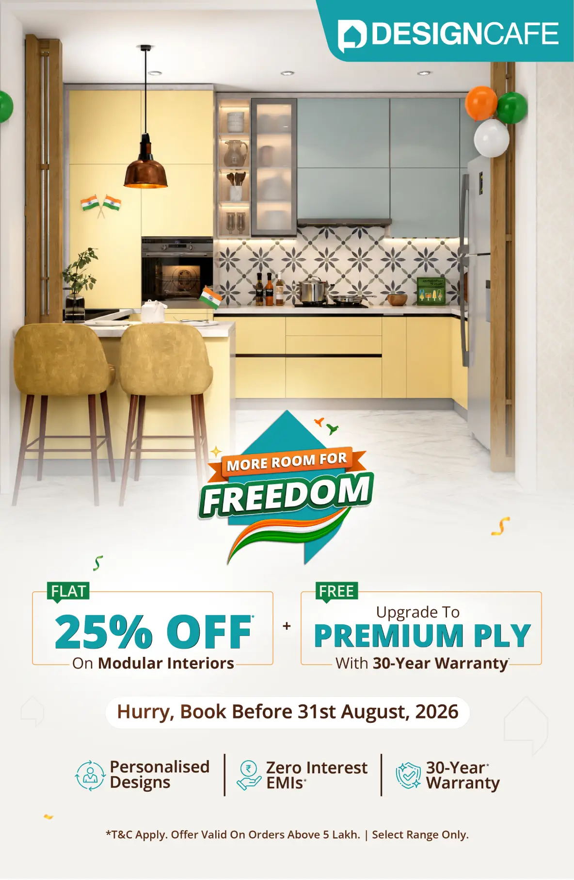 DesignCafe Freedom Special Offer: 25% OFF on Home Interiors.