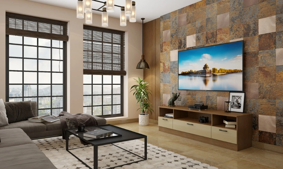 Earthy tones create a warm living room that stays bright through large windows.