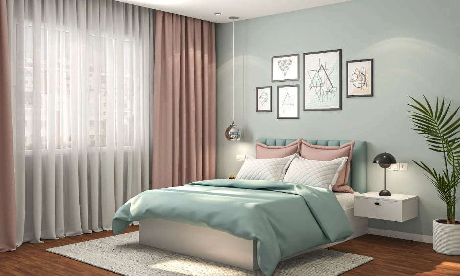 A pastel-toned bedroom features sheer curtains and customised design details.