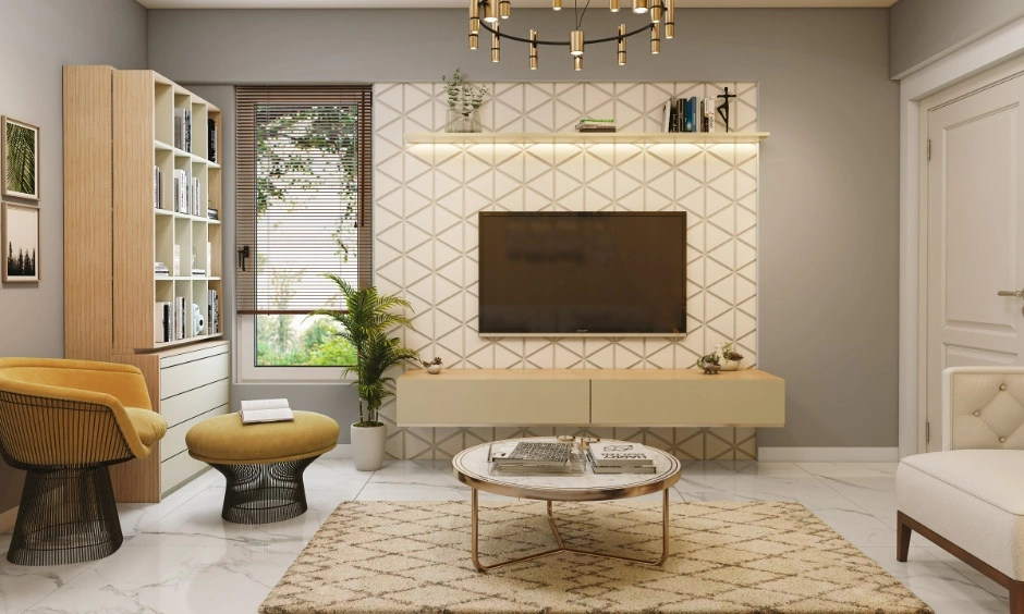 Bespoke furniture and wall treatment with a wall-mounted TV unit add to this living room's cost.