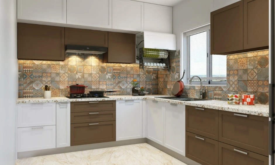 A space-efficient modular kitchen offers ample storage through extensive cabinetry