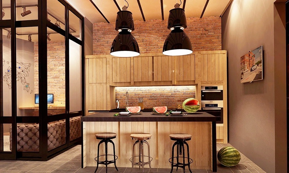 Statement lighting and wooden accents create a warm, bright modern kitchen ceiling