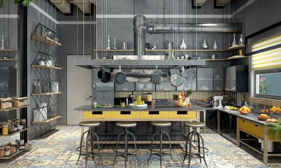 Exposed ceiling with visible ducts complements the industrial style of this open kitchen.