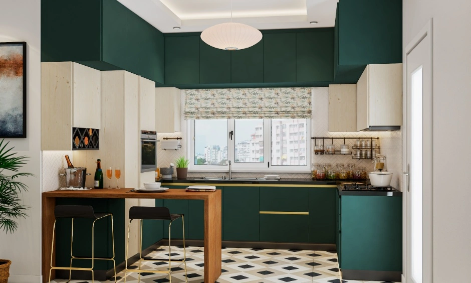 L-shaped kitchen with a single POP cove following the counter line for subtle depth.
