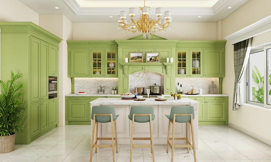 Gold chandelier highlights a simple false ceiling and adds a decorative focal point.