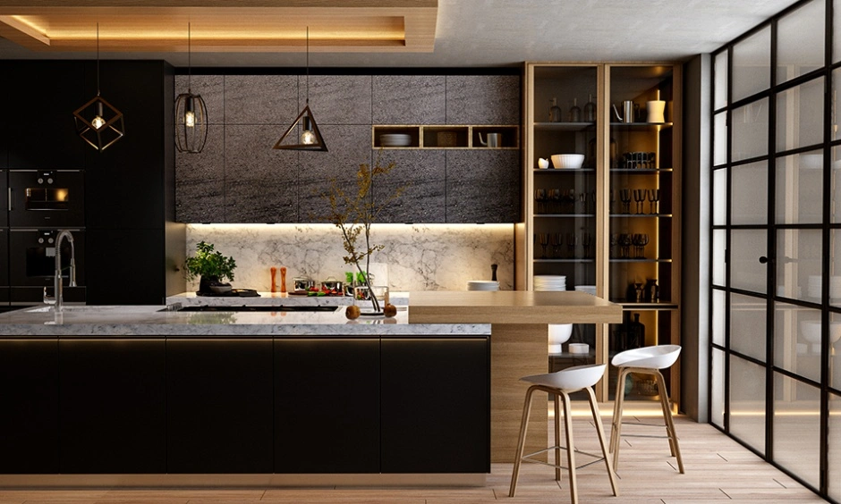 Recessed false ceiling with timber accents complements the warm wooden flooring