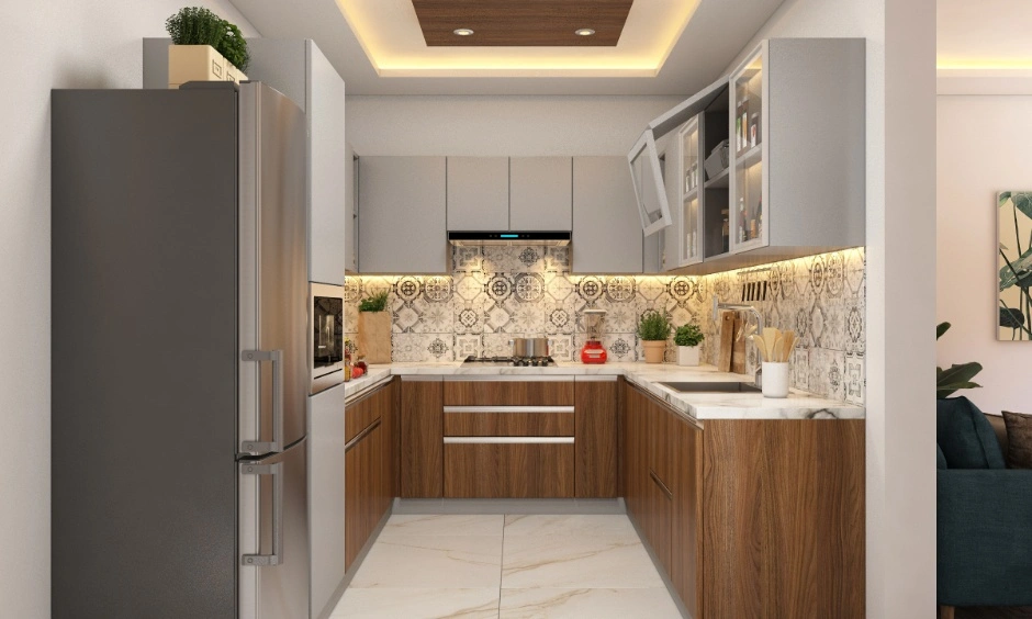 Compact tray ceiling with wooden accents adds depth to this U-shaped kitchen.