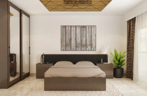 Modern Gurgaon bedroom with a glass ceiling detail, mirrored wardrobe and warm neutral palette.