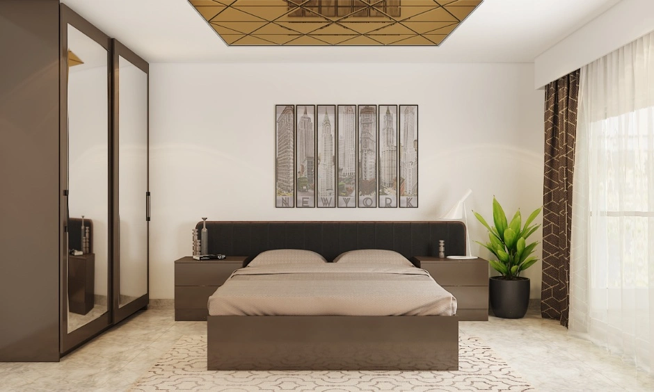 Modern Gurgaon bedroom with a glass ceiling detail, mirrored wardrobe and warm neutral palette.