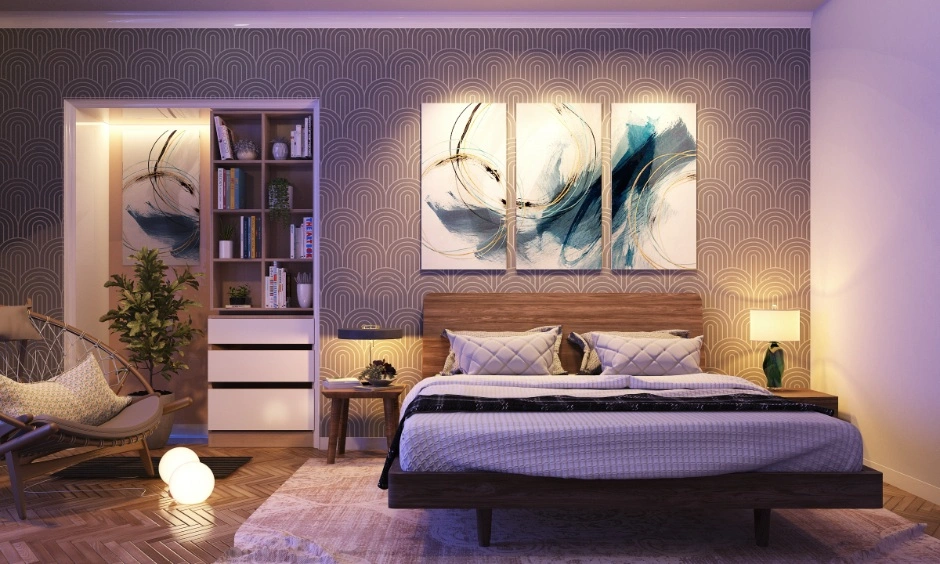 Gurgaon bedroom with a platform bed, warm lighting, statement wall and built-in storage. 