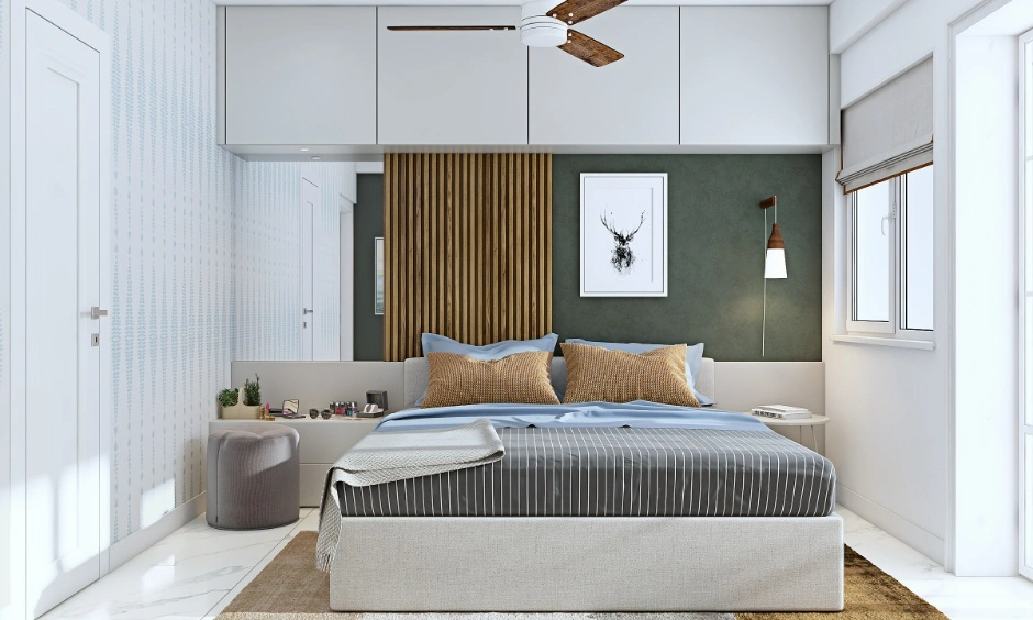 Smart bedroom with concealed storage, fluted wall detail, bedside lighting and a green backdrop.