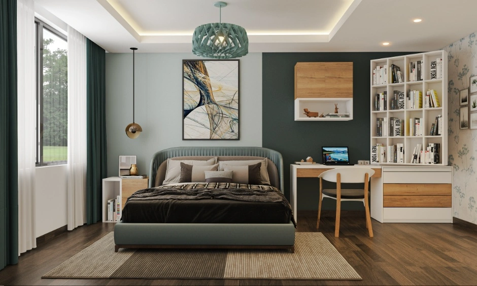 Compact Gurgaon bedroom with a built-in study desk, overhead storage and layered lighting