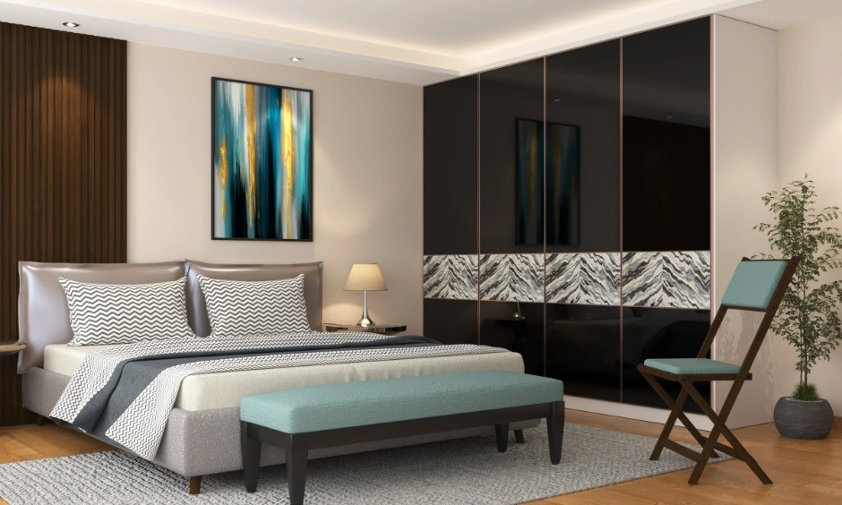 Luxury bedroom with fluted wall panelling, glossy wardrobe shutters and soft furnishings.