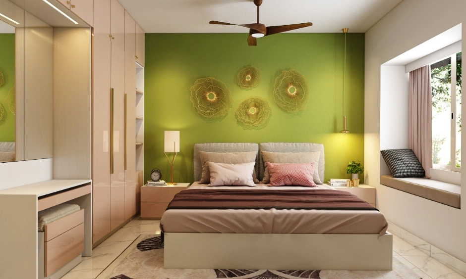 Boutique-style bedroom with glossy wardrobes, a green accent wall and cosy window seat.