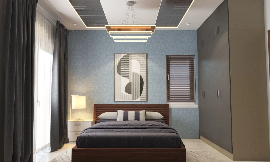 Personalised bedroom with a textured ceiling, layered lighting and full-height wardrobes.