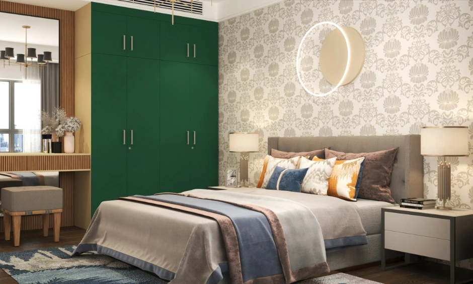 Gurgaon bedroom with bold wallpaper, heavy colour blocking and swing wardrobes.