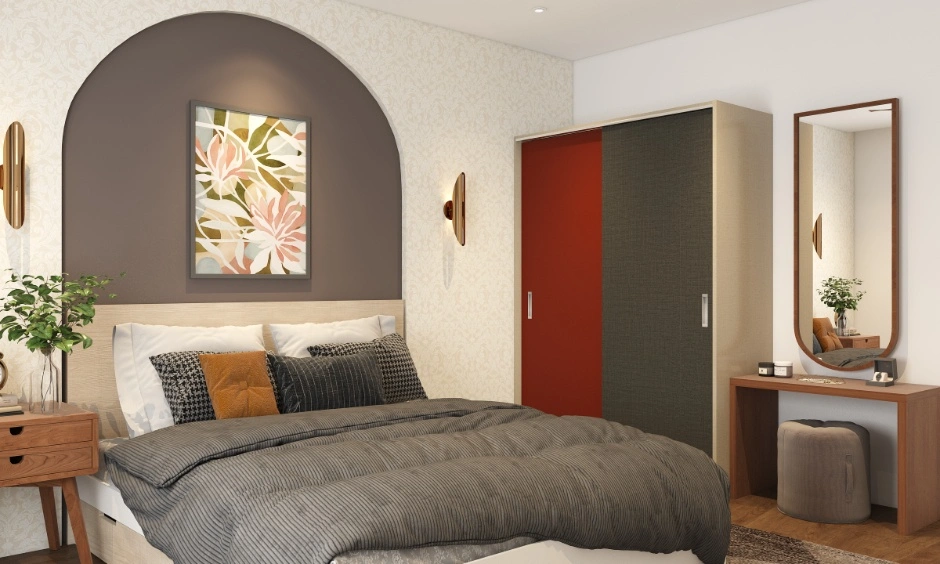Bedroom with an arched bed wall, sliding wardrobe and compact dresser for efficient use of space. 