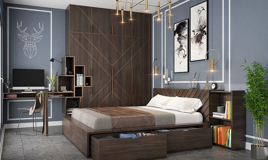 Dark veneer wardrobe adds depth and visual sophistication to the bedroom.