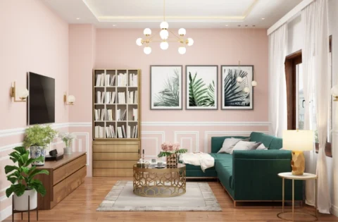 A bright living room combines thoughtful furniture placement with a cohesive interior design.