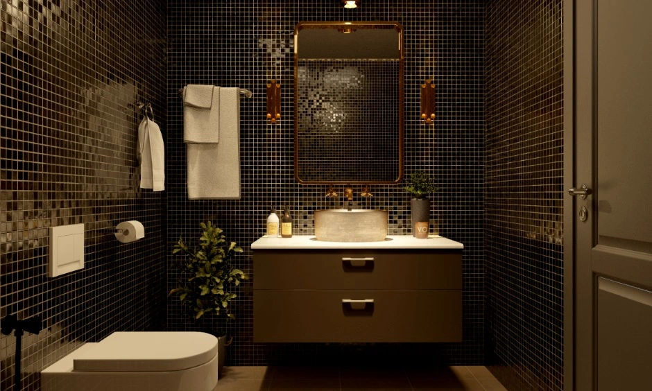A dark bathroom features a custom vanity and coordinated premium finishes.