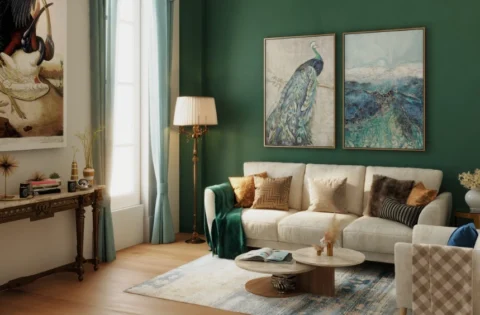 Peacock green walls with gold accents create an elegant living room colour combination