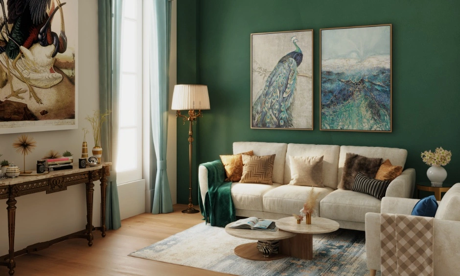 Peacock green walls with gold accents create an elegant living room colour combination