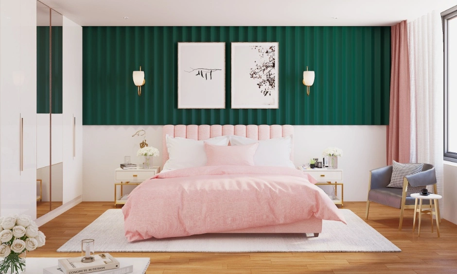 A contemporary bedroom pairs blush pink upholstery with a peacock green statement wall. 