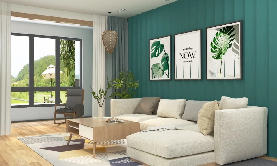 A bright living room pairs white furnishings with a peacock green accent wall.
