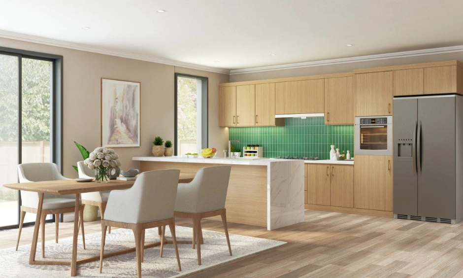 A modern kitchen features wooden cabinetry and a peacock green tiled backsplash