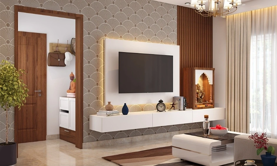 A home interior combines functional storage, shelving and a dedicated workspace