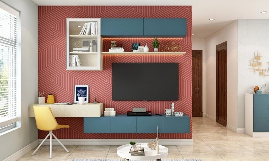 A floating unit features overhead display cabinets, shelving and an integrated workspace