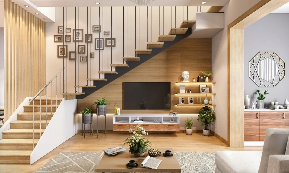 A minimalist TV unit makes practical use of the under-stairs space.