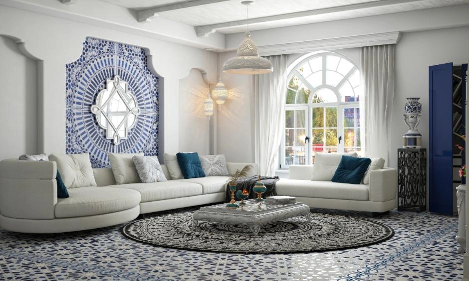 Bungalow living room with French windows and blue and white neutral interior accents.