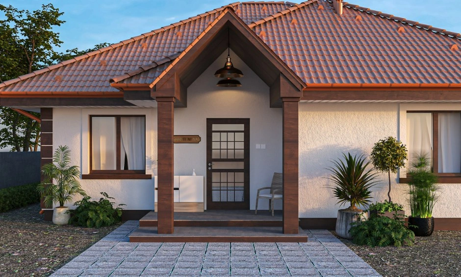 A front portico and sloping roof are defining visual elements of this bungalow exterior.