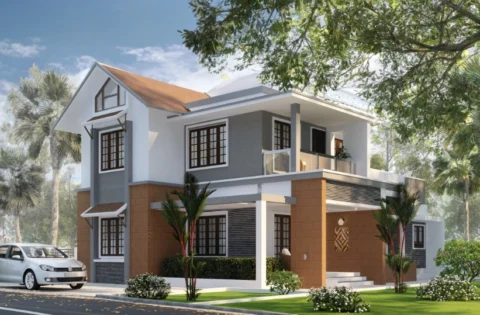 Indian bungalow facade with a sloping tiled roof, front portico and paved driveway.