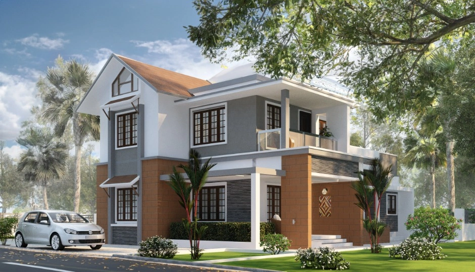 Indian bungalow facade with a sloping tiled roof, front portico and paved driveway.